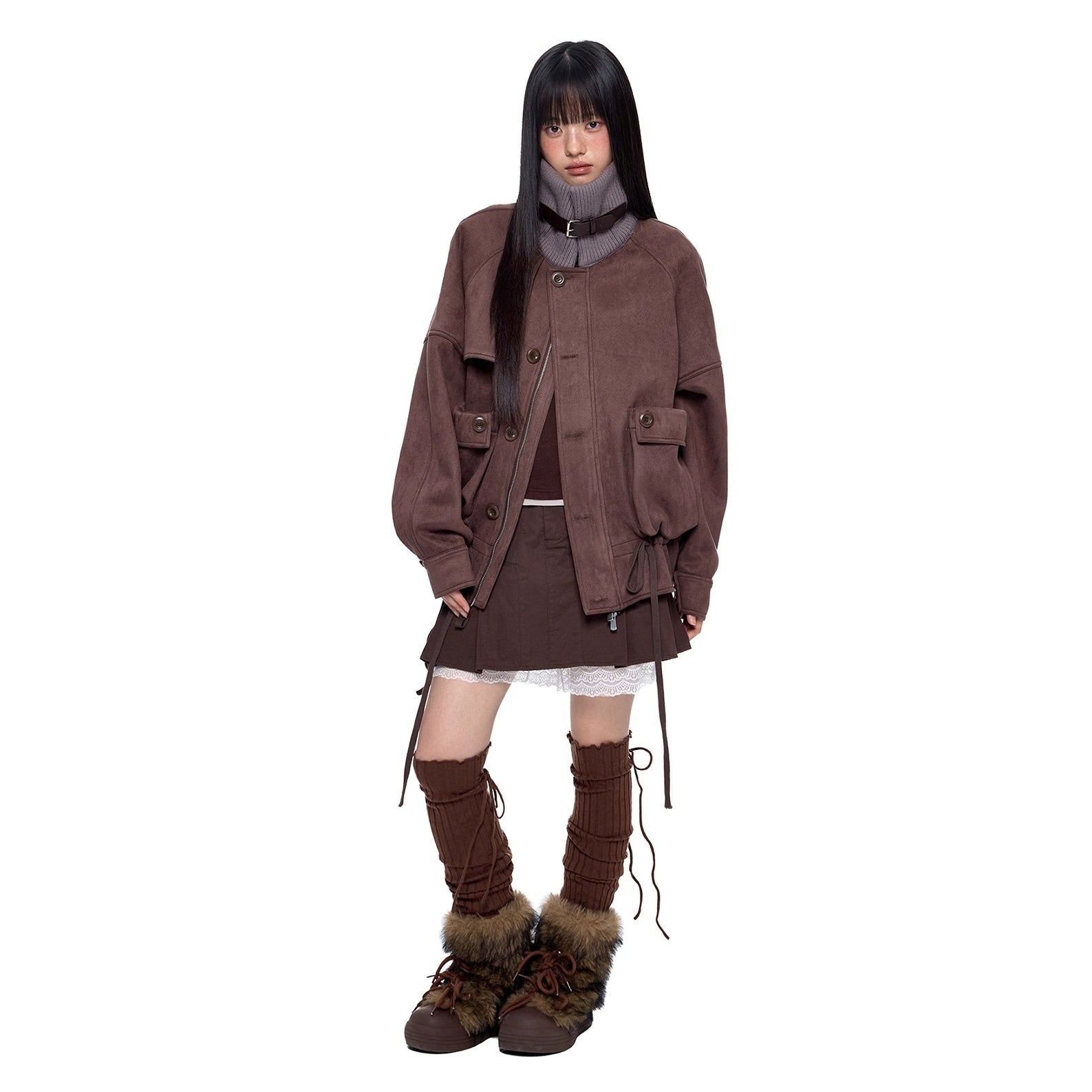 Knitted High Neck Drawstring Faux Suede Jacket EZ252