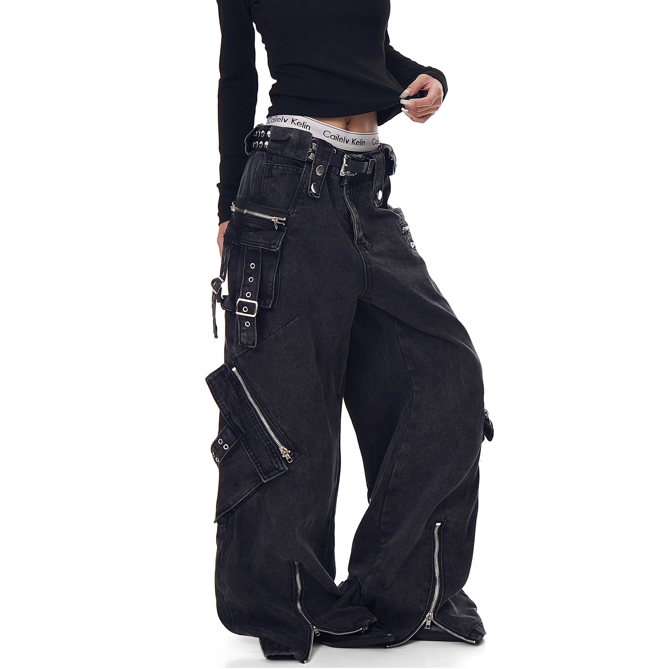 Heavy Washed Zipper Design Cargo Jeans BK7023