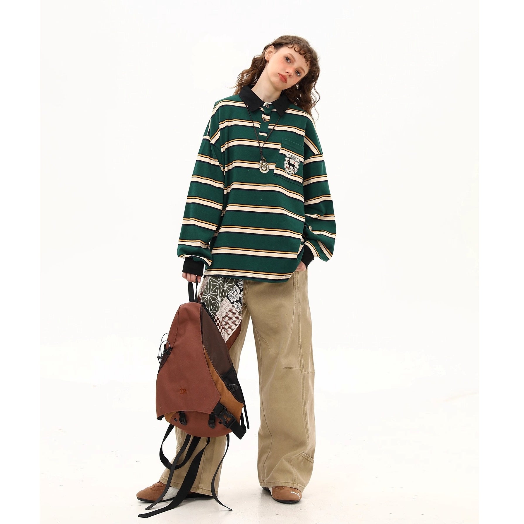 Preppy Style Border Long Sleeve Polo Shirt MW10251