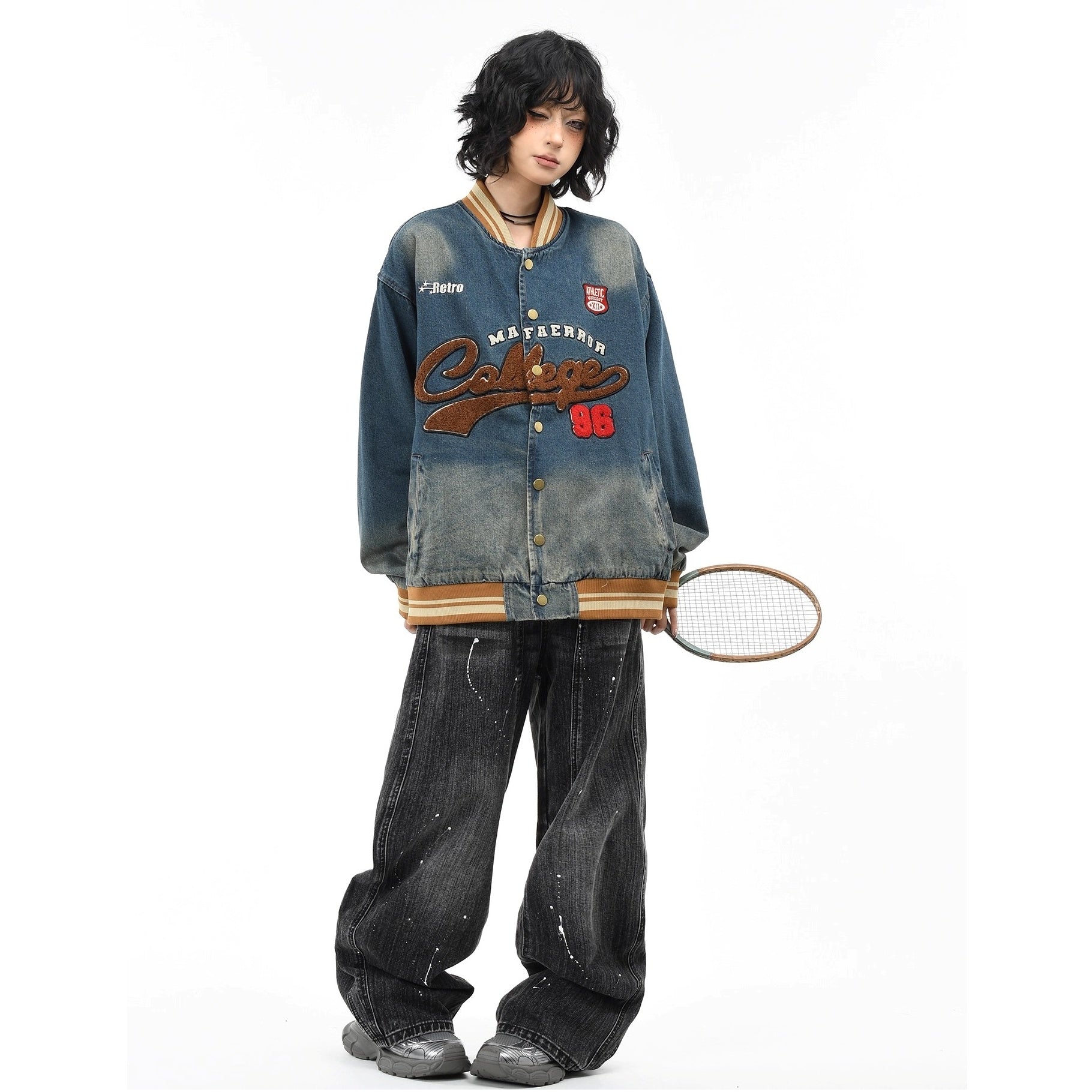 Retro Washed Embroidered Denim Baseball Jacket MW10303