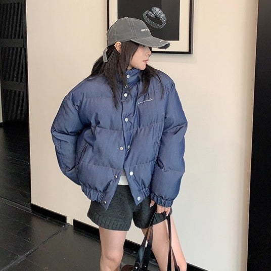 Denim Fabric Cropped Puffer Jacket OS2062