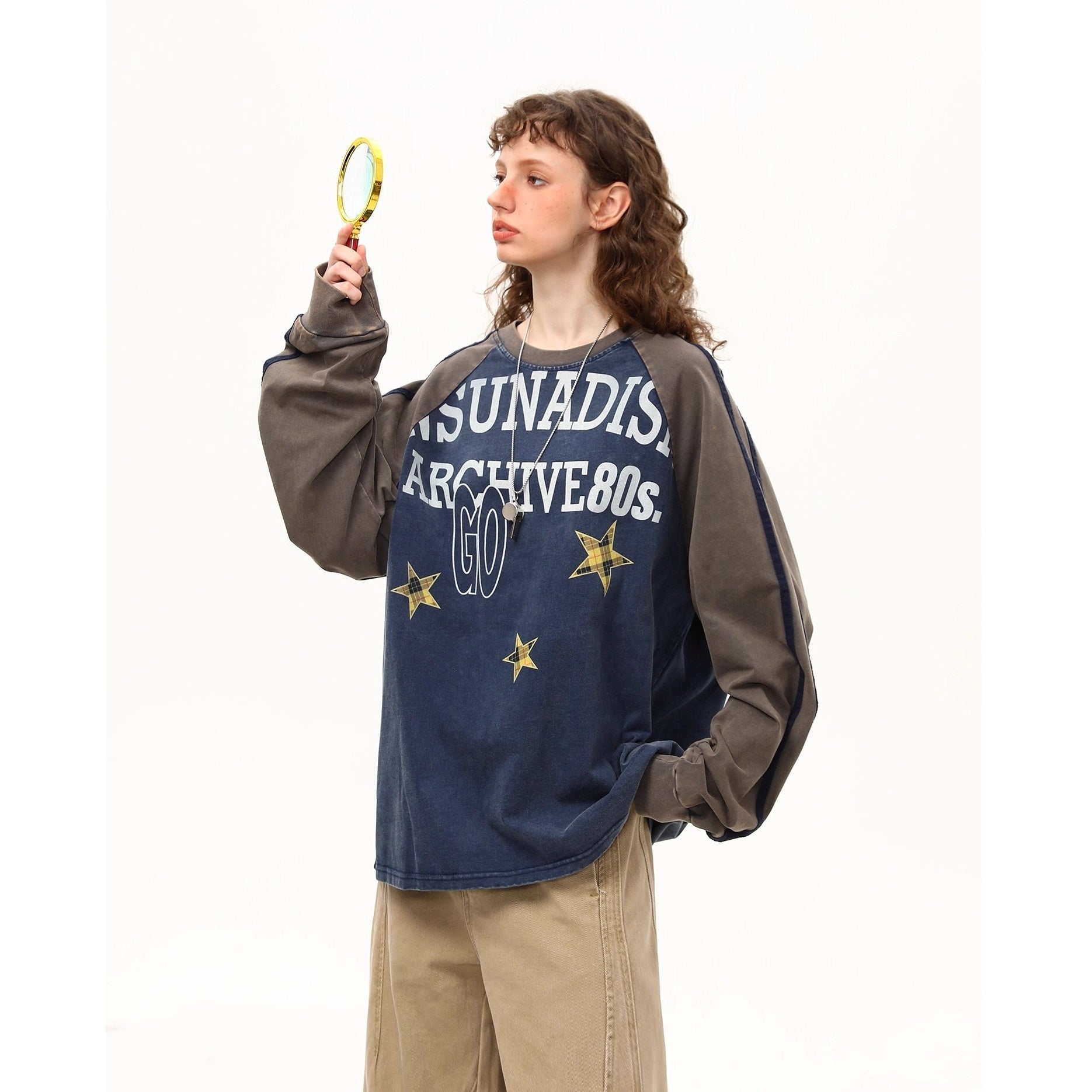 Retro Washed  Raglan Long Sleeve Print T-shirt MW10250