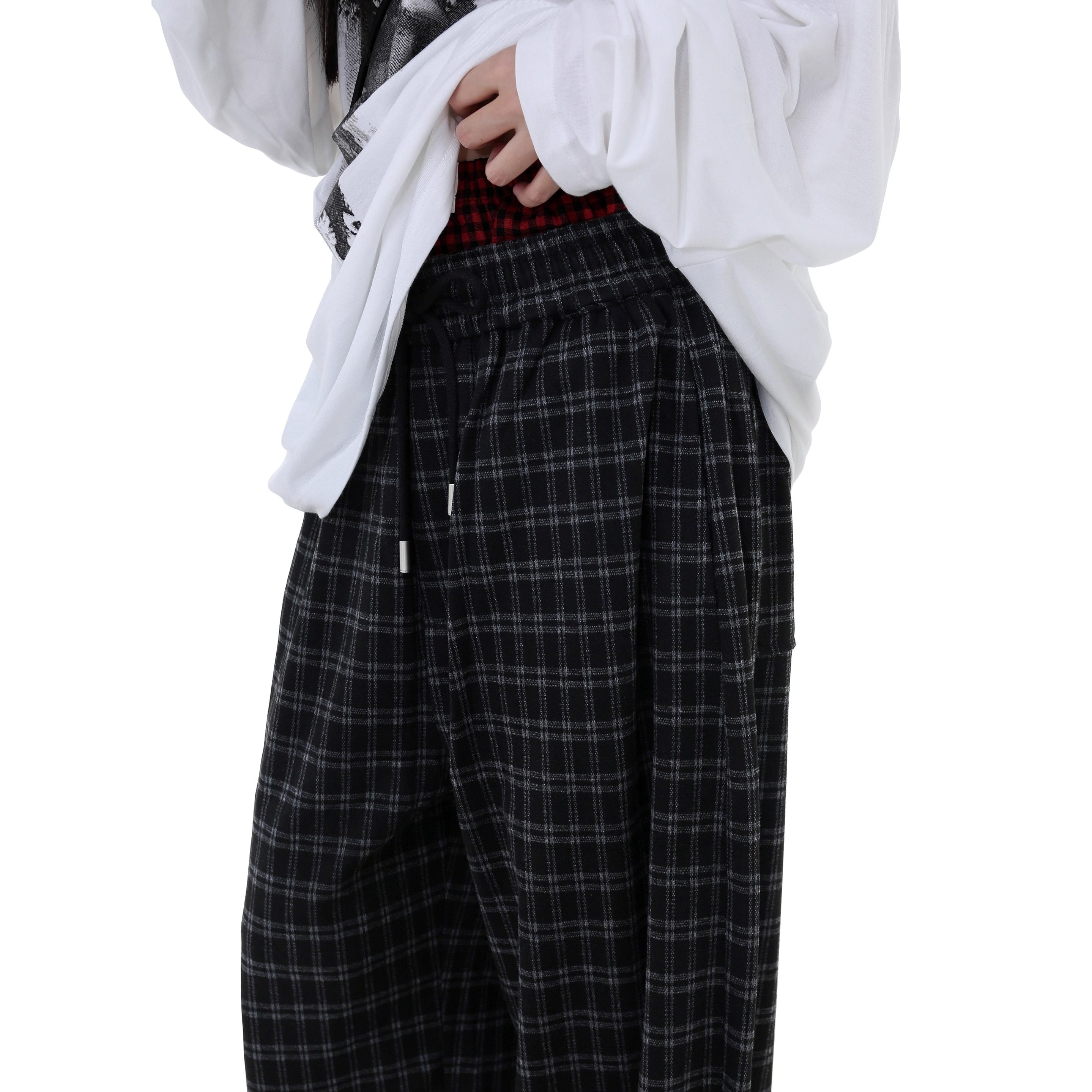 Elastic Waist Plaid Wide-leg Pants GB7038