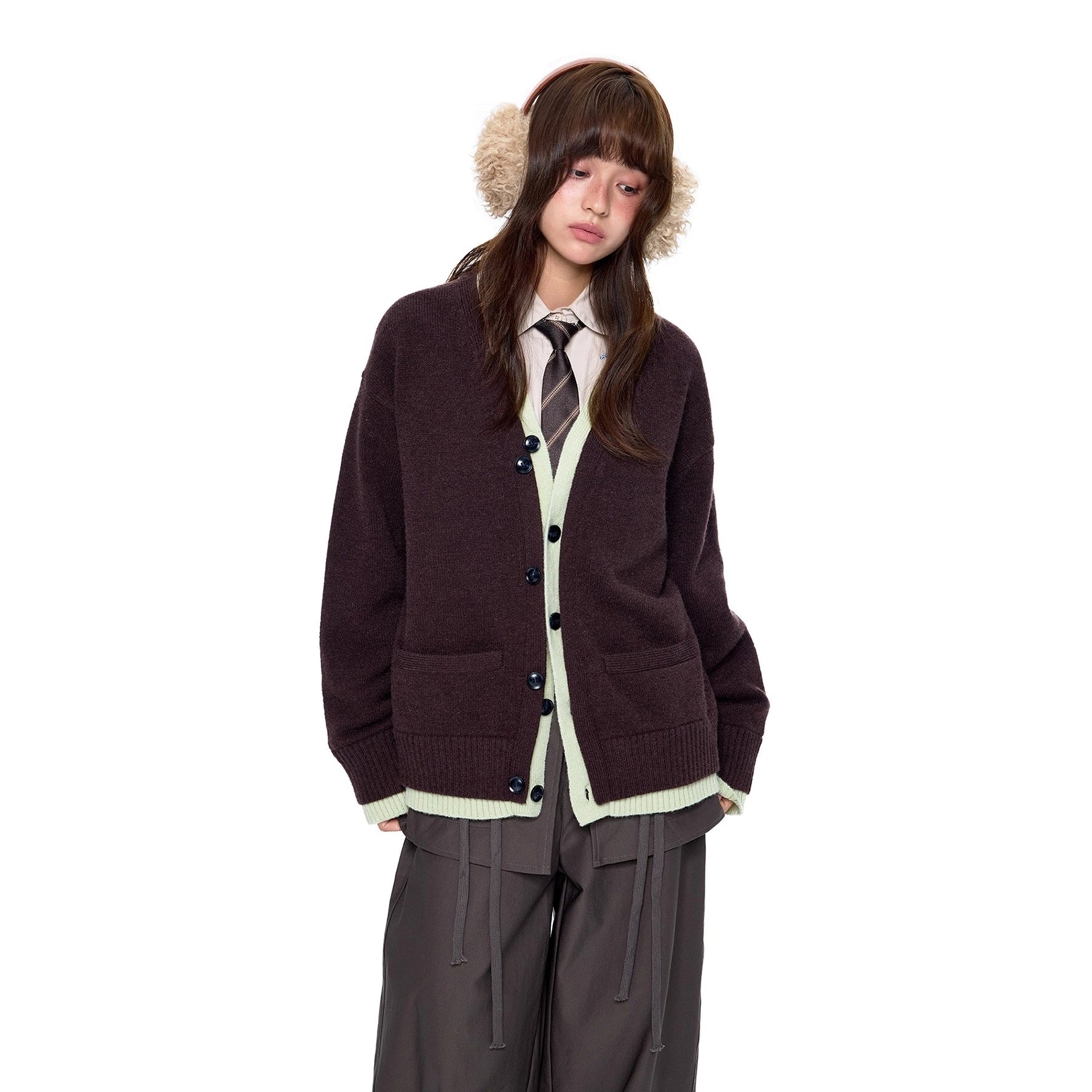 Fake Layered Contrast Patchwork Knitted Cardigan EZ259
