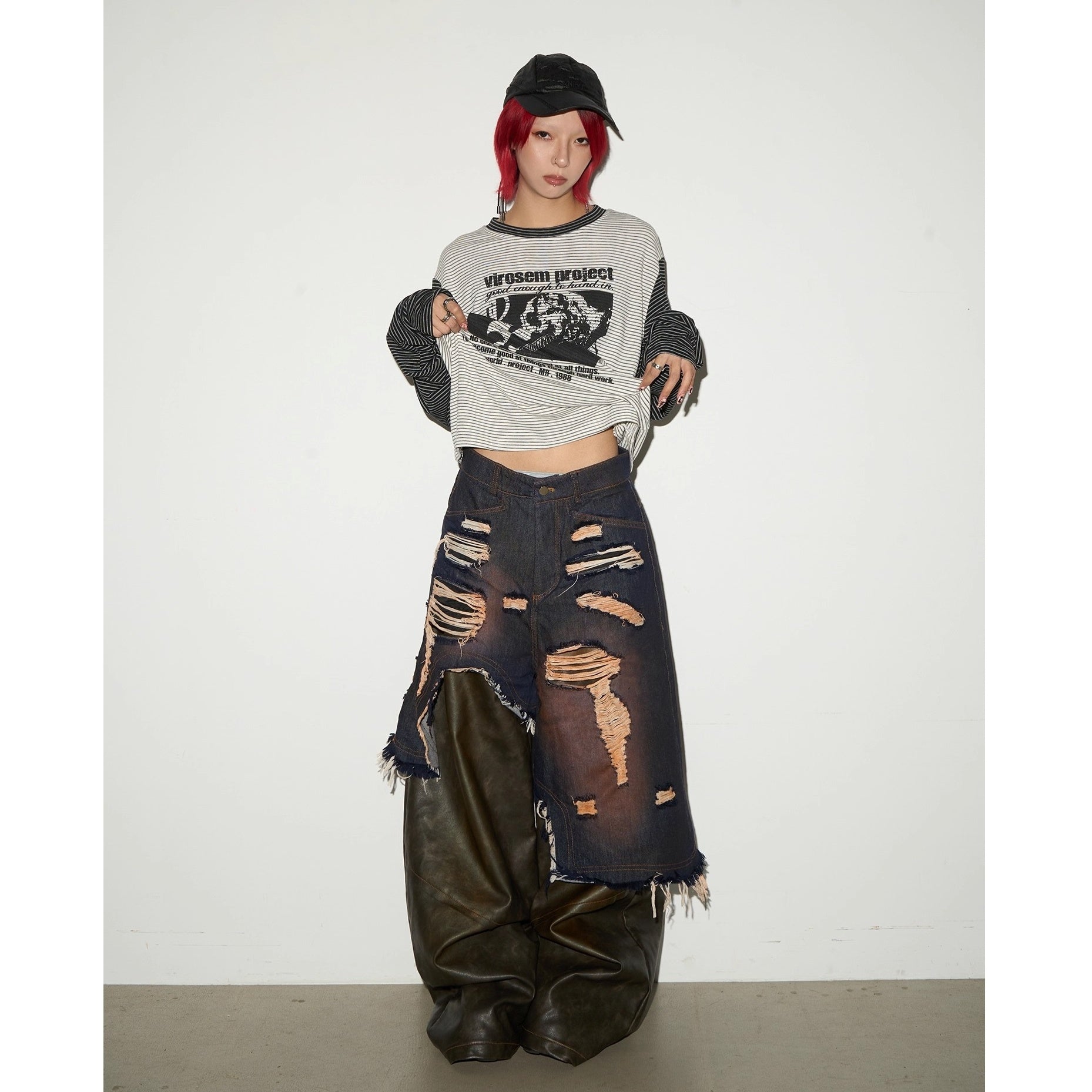 Wide-leg Spliced Leather Denim Pants MN9028