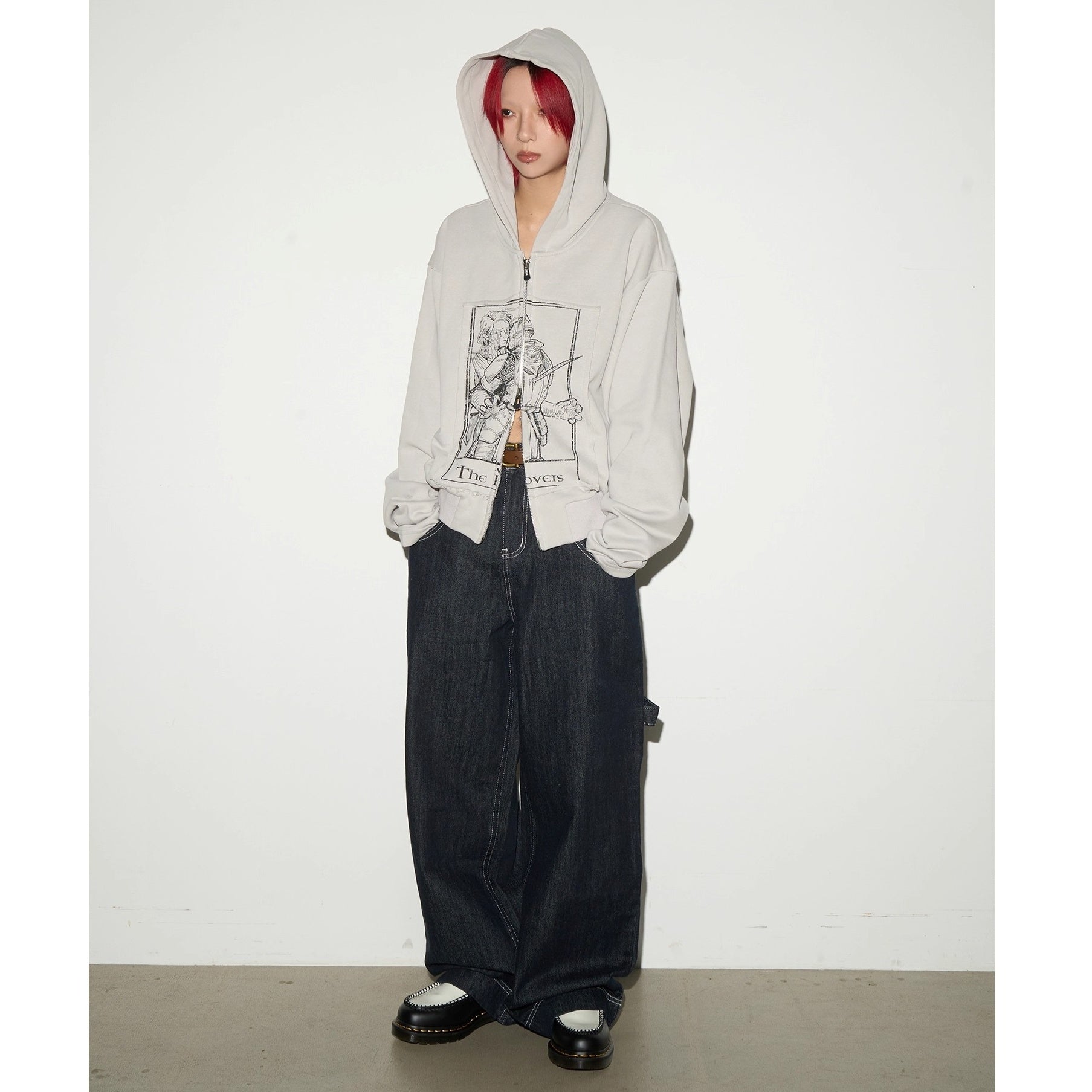 Monotone Print Double Zip Shorts Hooded Sweat MN9027