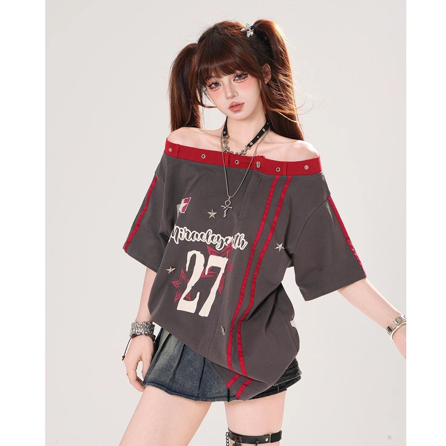 Off-Shoulder American Print T-Shirt KK2069