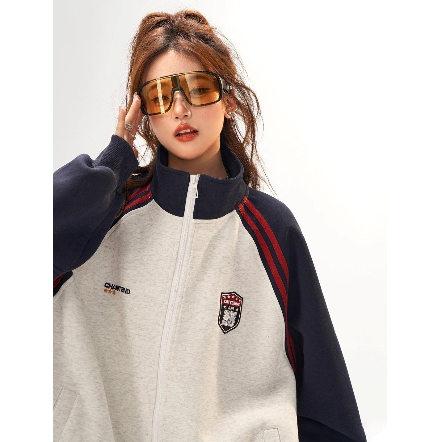 Stand-Collar Raglan Color-blocked Sweat Jacket CA7010