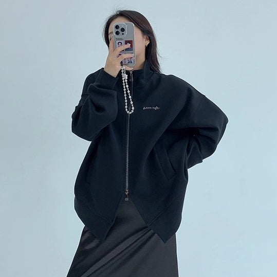 Double Zipper Stand Collar Loose Jacket OS2041