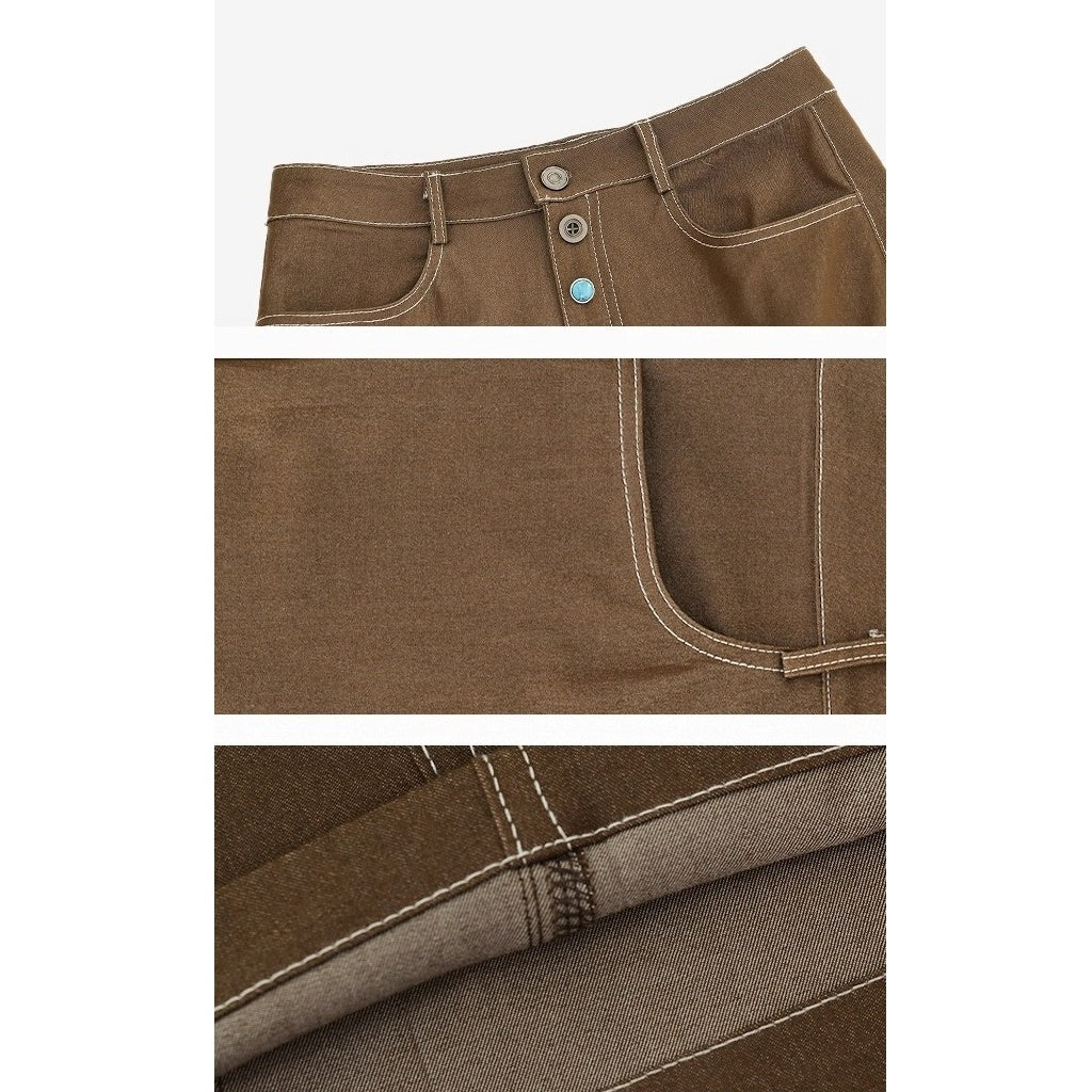 Button  Wide-leg Stitch Pants AC7130