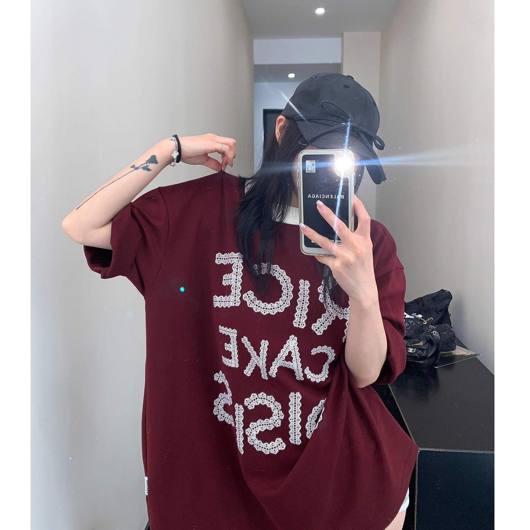 Lace Letter Loose Ringer T-shirt OS2001