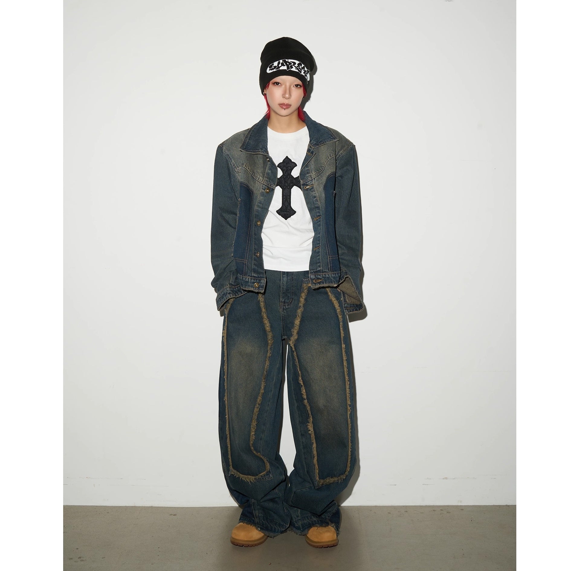 【上下別売り】Irregular Stitching Washed Denim Jacket  & Jeans Set-up MN9037