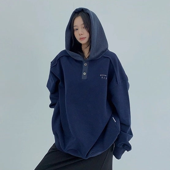 Knit Patchwork Design Oversize Hoodie OS2066