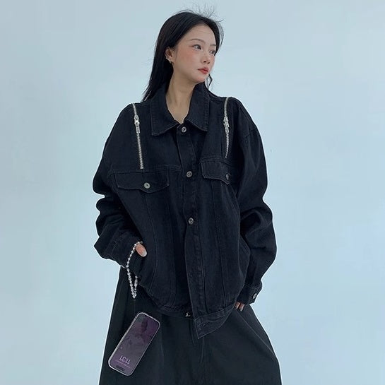 Zipper Design Loose Denim Jacket OS2029