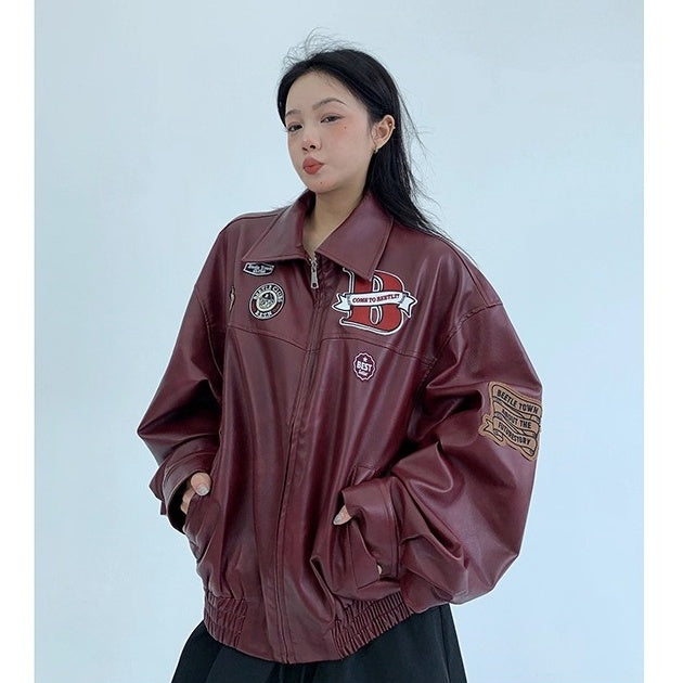 Vintage PU Leather Loose Embroidered Jacket OS2028