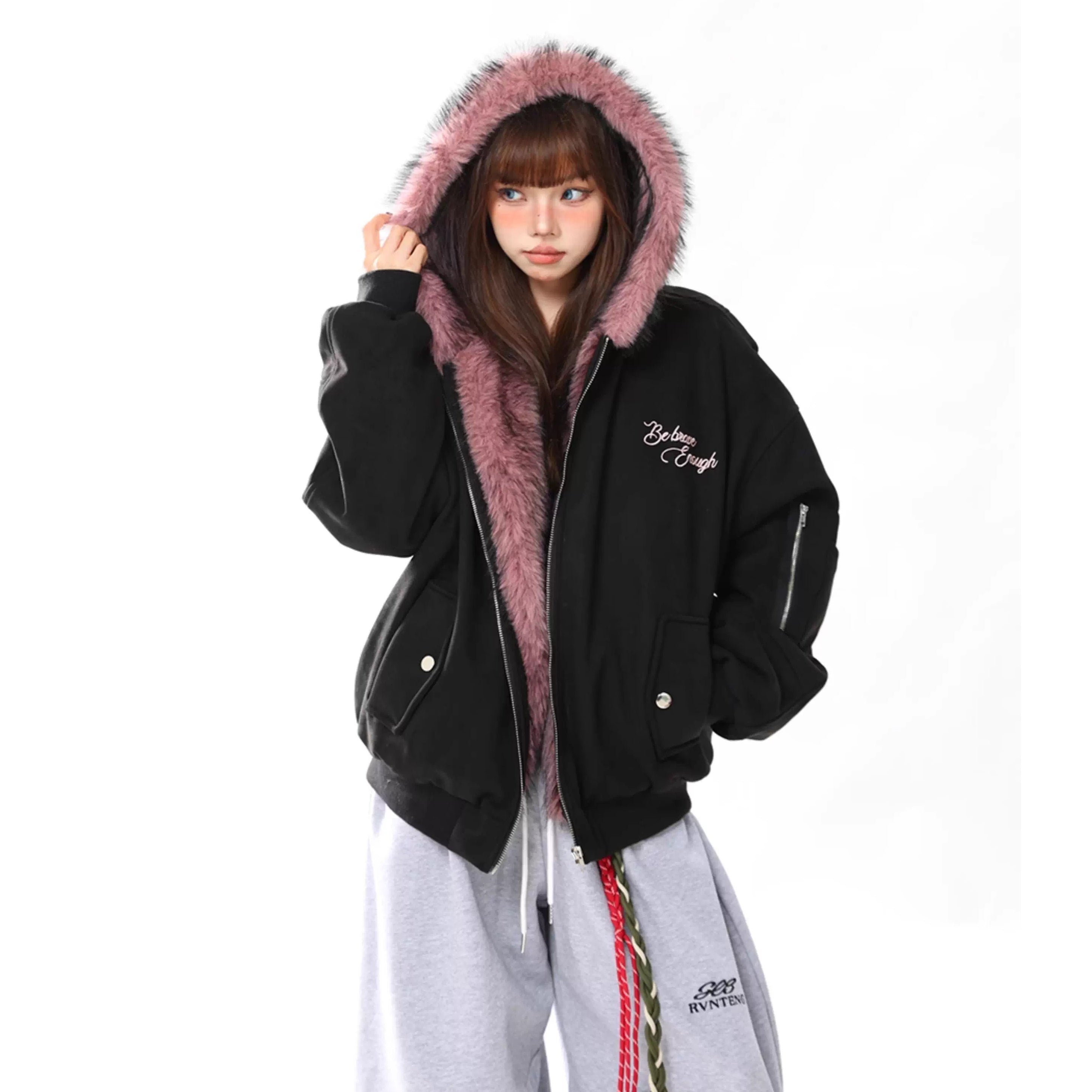 Letter Embroidery Carving Fur Collar Hooded Jacket MW10294