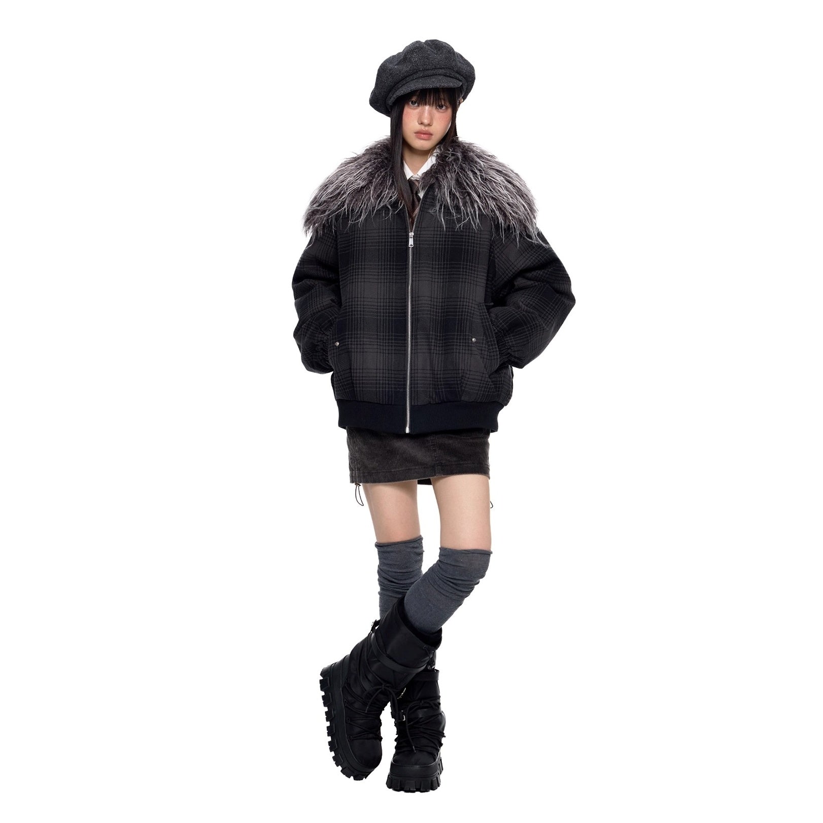 Fur Collar Shawl Plaid Jacket EZ249
