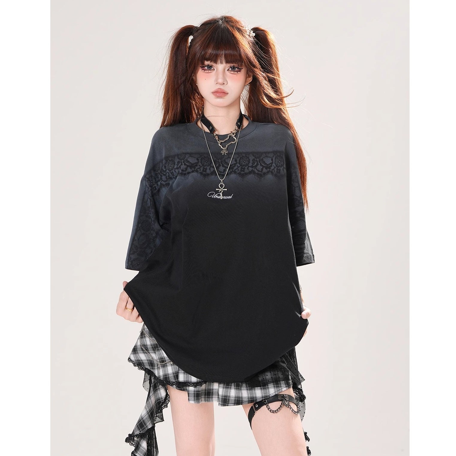 Lace Print Gradation Loose T-shirt KK2071