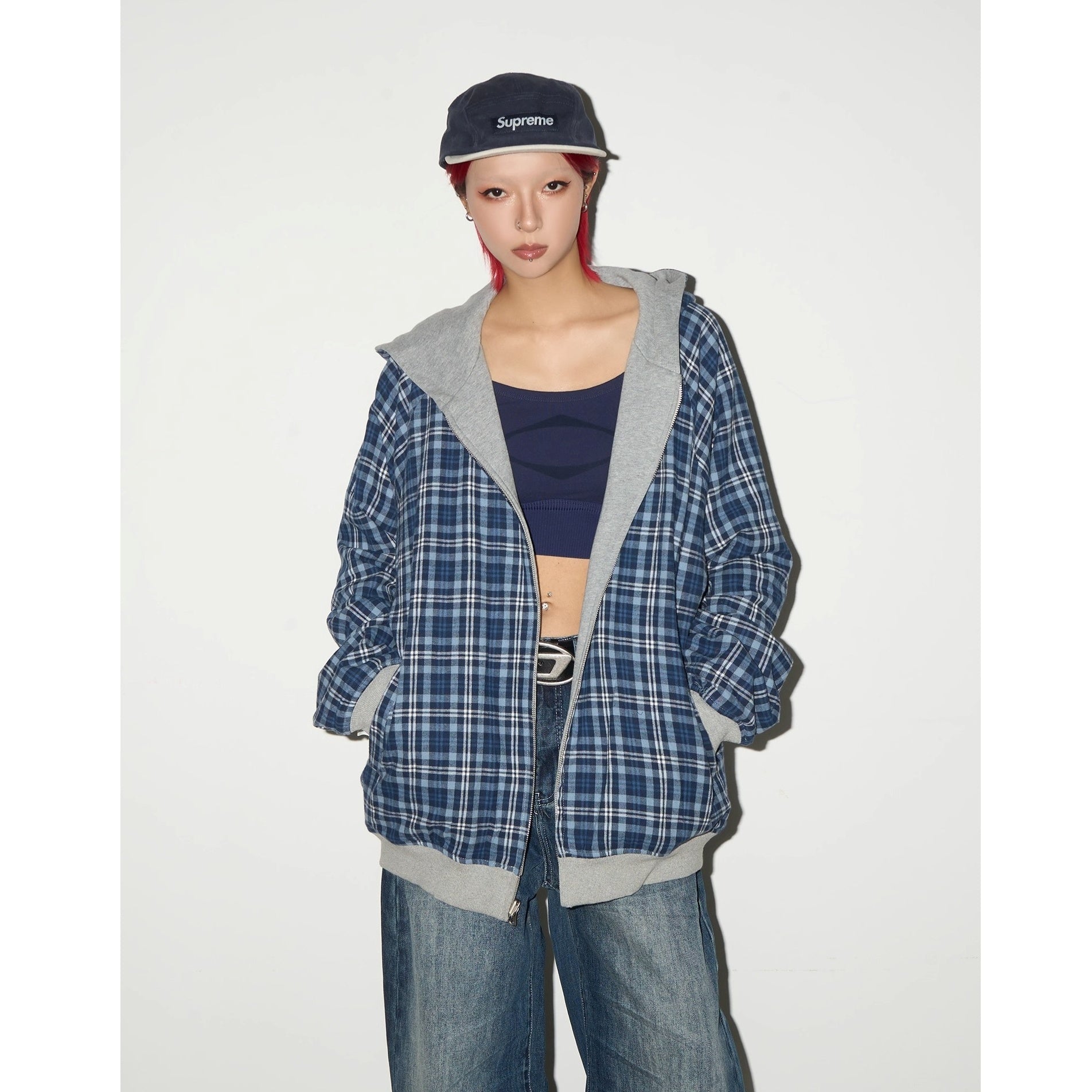 Reversible Plaid Hooded Sweat Jacket MN9040