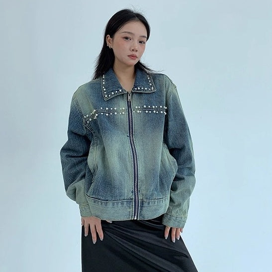 Pearl Bead Short Denim Jacket OS2030