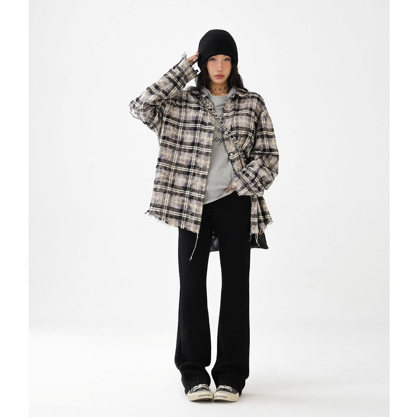 Plaid Frayed Brushed Loose Fringe Shirt AC7151