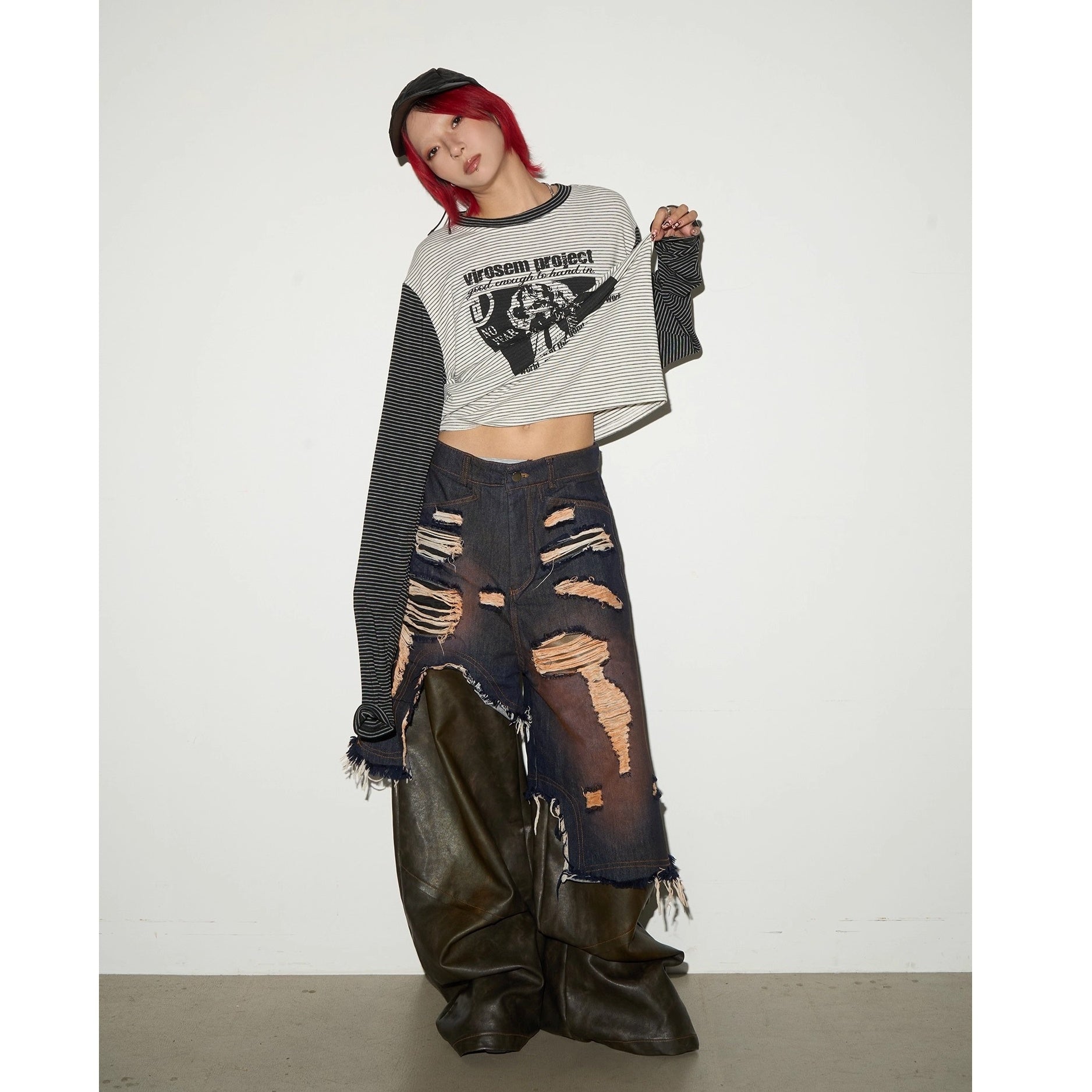 Wide-leg Spliced Leather Denim Pants MN9028