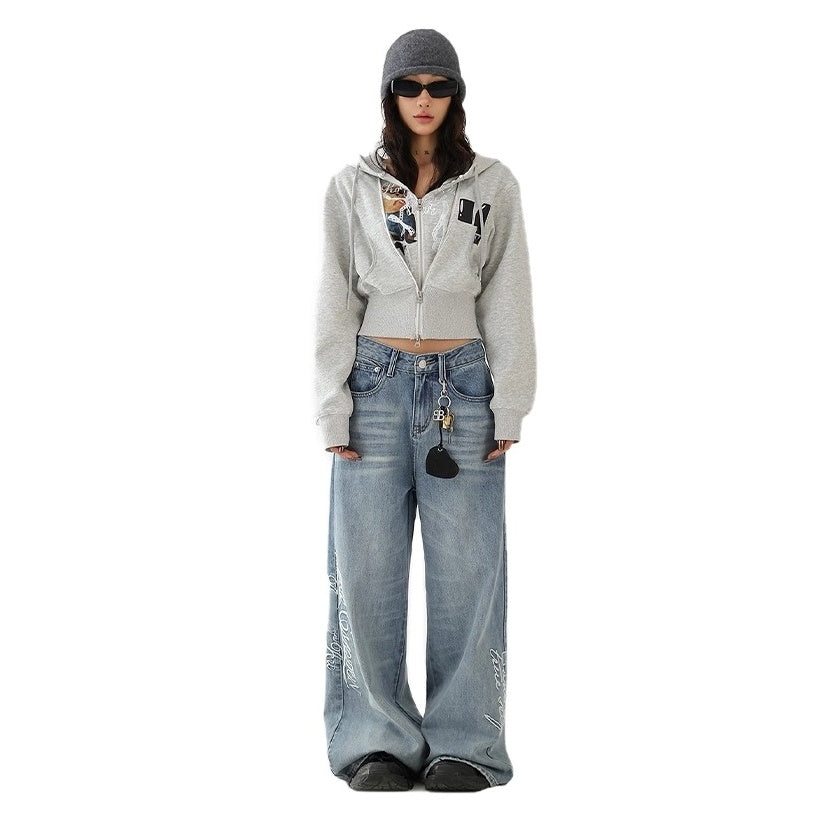 Letter Embroidered Loose Curve Jeans AC7132