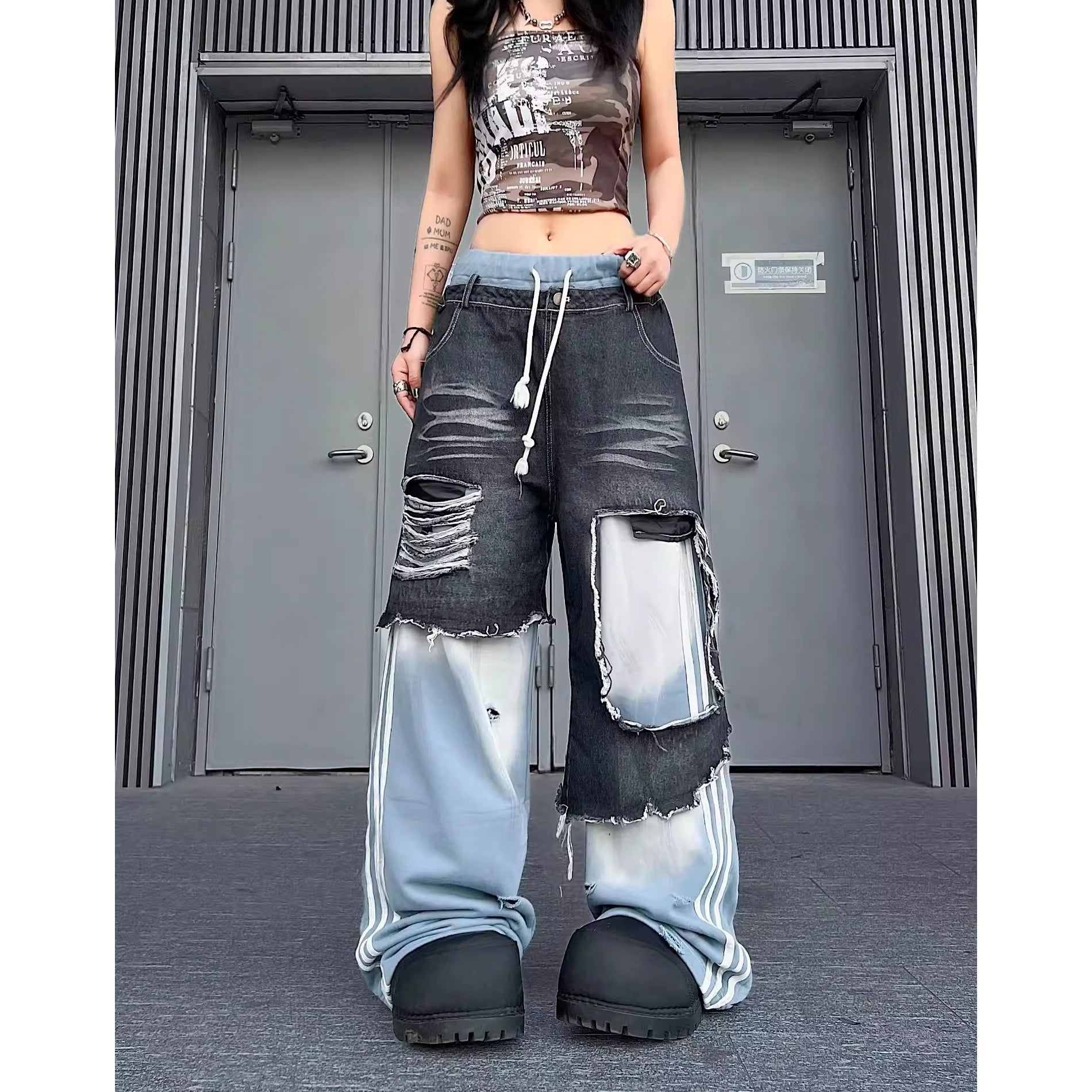 Fake Two Pieces Punk Denim Patchwork Flare Pants MW10338