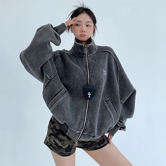 Damage Washed Stand Collar Casual Jacket OS2048