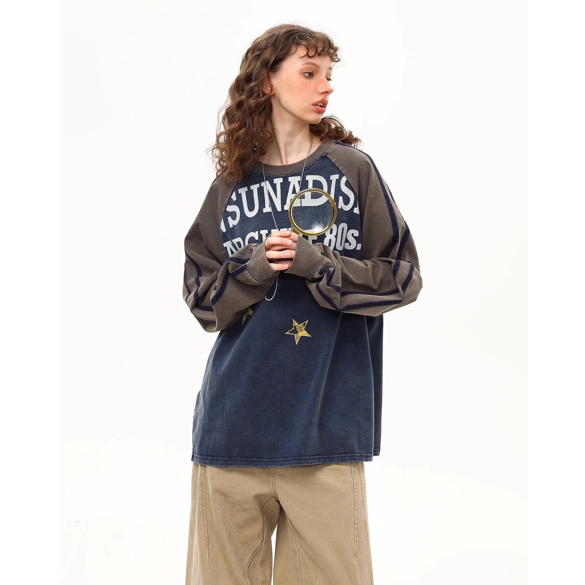 Retro Washed  Raglan Long Sleeve Print T-shirt MW10250