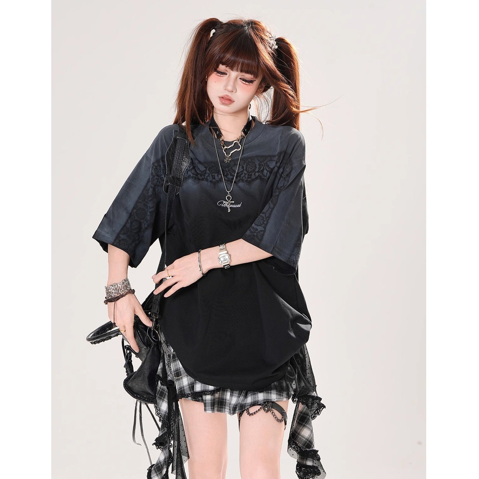 Lace Print Gradation Loose T-shirt KK2071