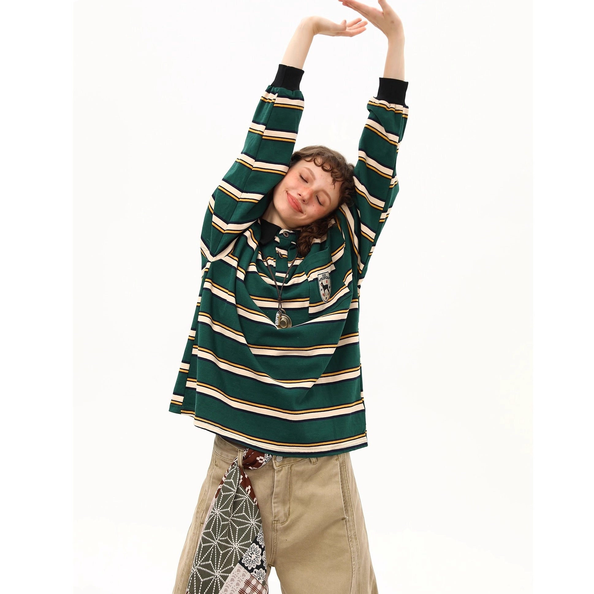 Preppy Style Border Long Sleeve Polo Shirt MW10251