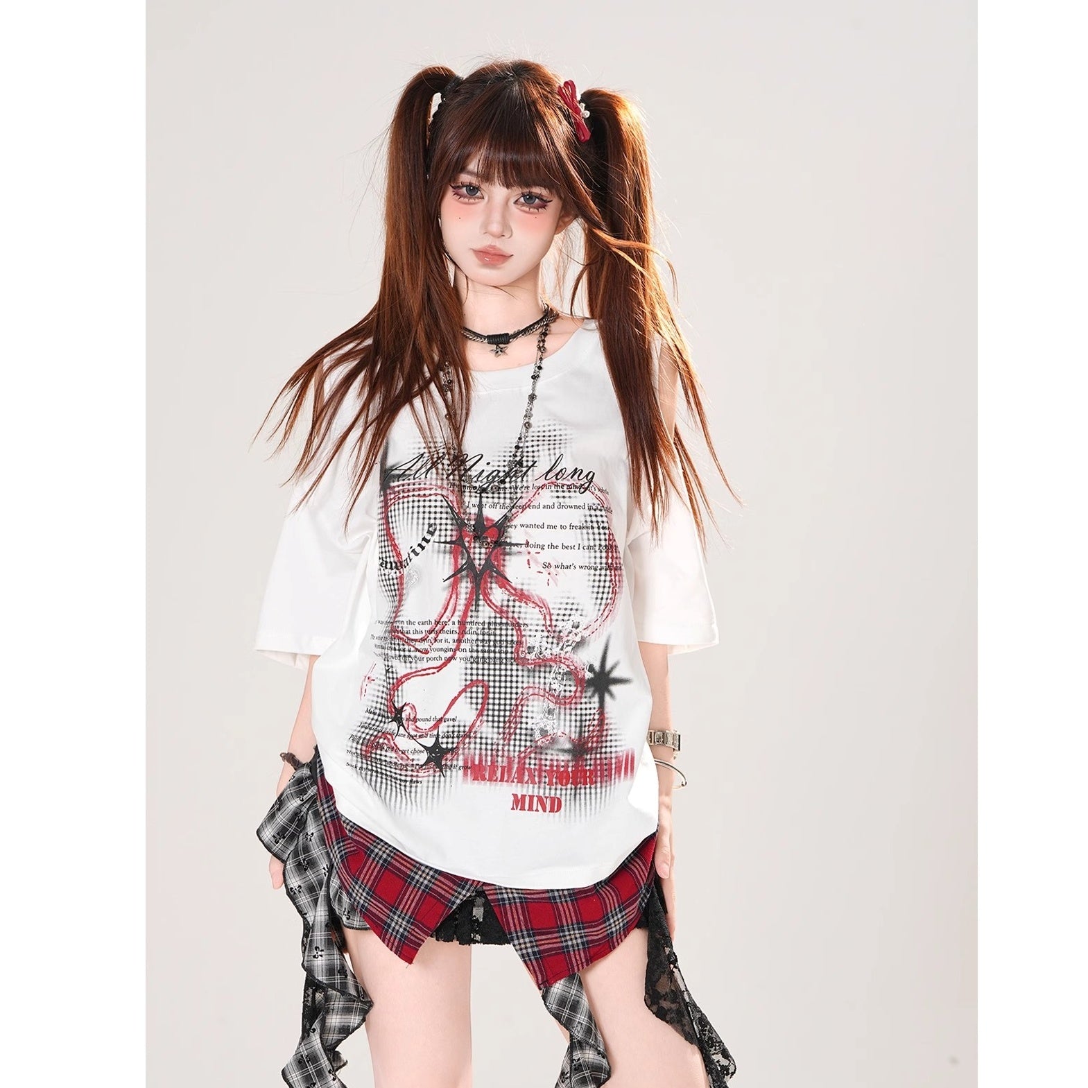 Cut-out Illusion Plaid Print T-Shirt KK2072