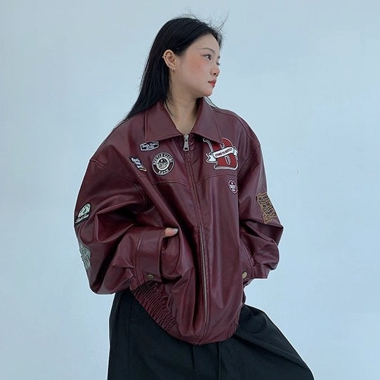 Vintage PU Leather Loose Embroidered Jacket OS2028