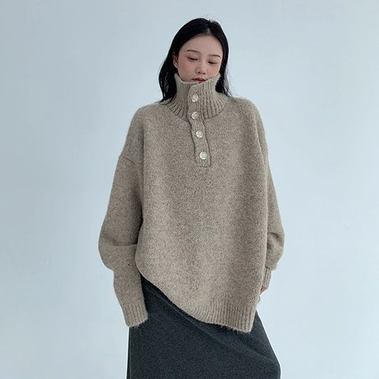High Neck Half-Button Loose Sweater OS2054