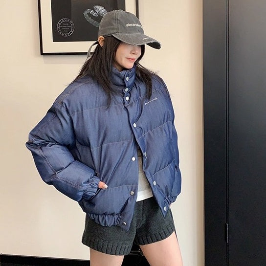 Denim Fabric Cropped Puffer Jacket OS2062