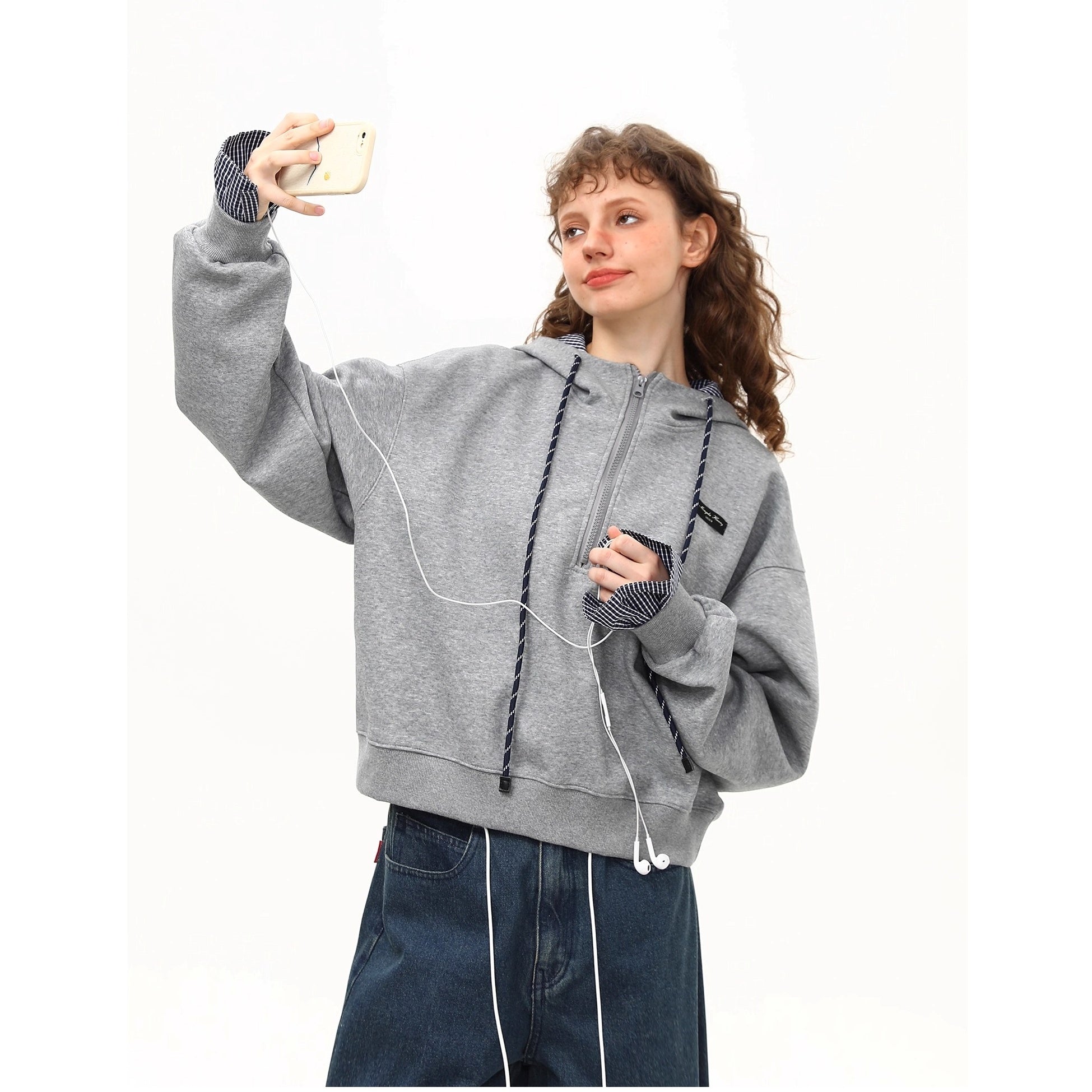 Plaid Spliced Half-zip Short Hoodie MW10263