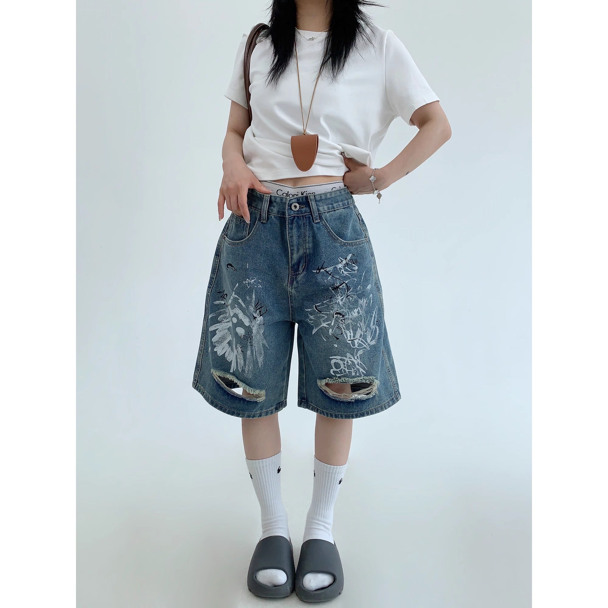 Graffiti Paint Ripped Denim Shorts MW10153