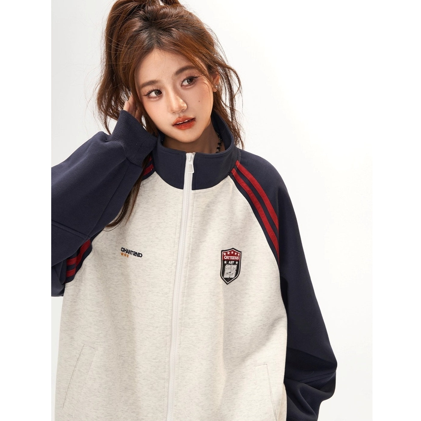 Stand-Collar Raglan Color-blocked Sweat Jacket CA7010