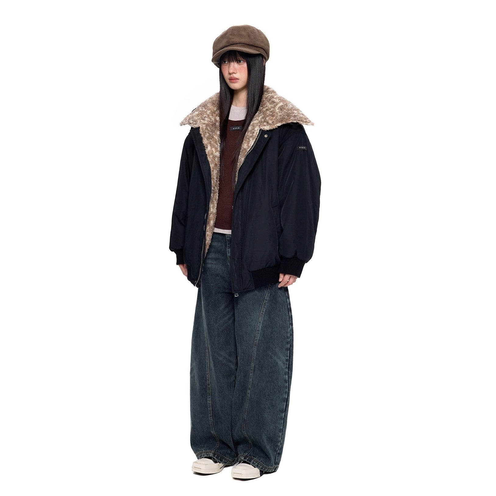 Fluffy Contrasting Lapels Reversible Jacket EZ283