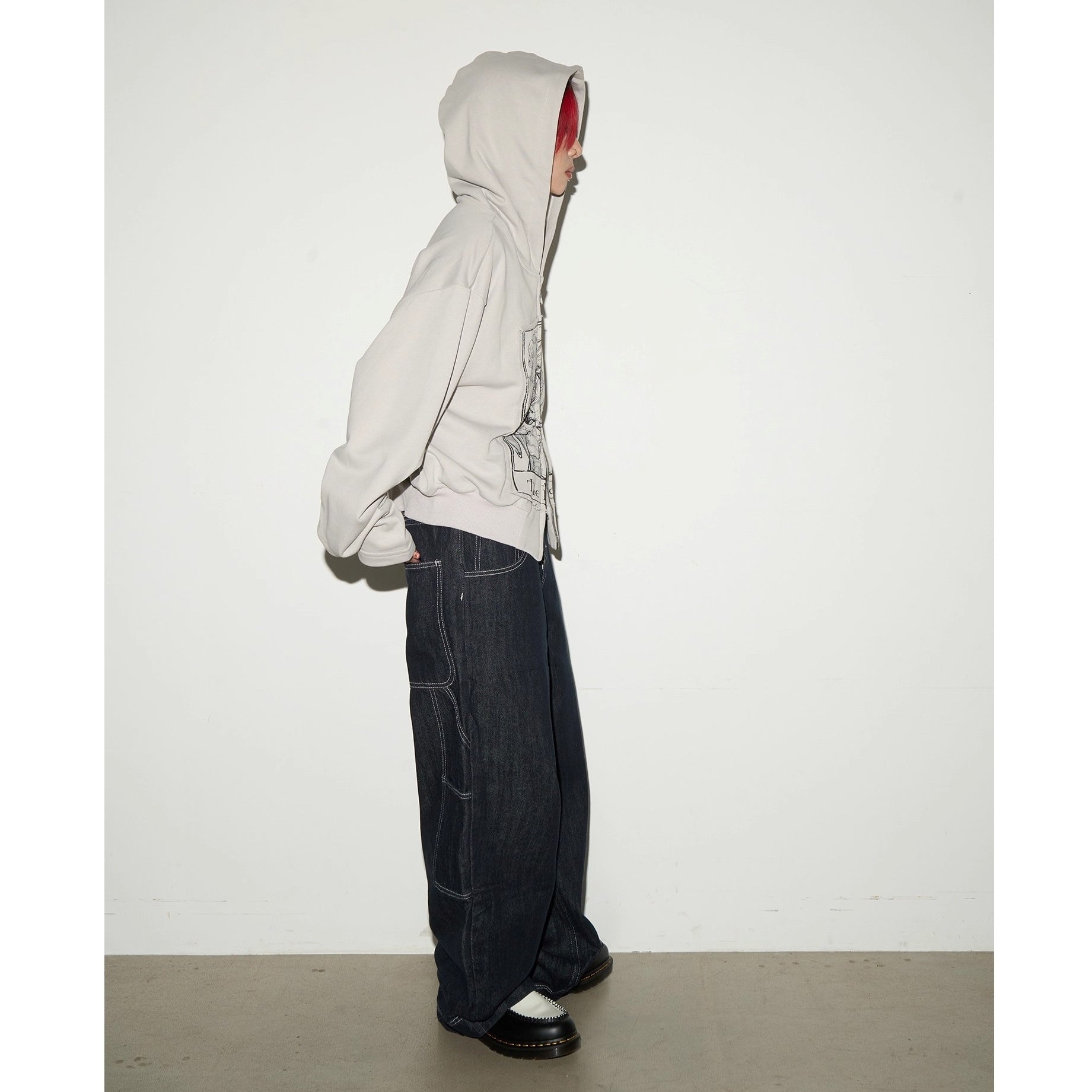 Monotone Print Double Zip Shorts Hooded Sweat MN9027