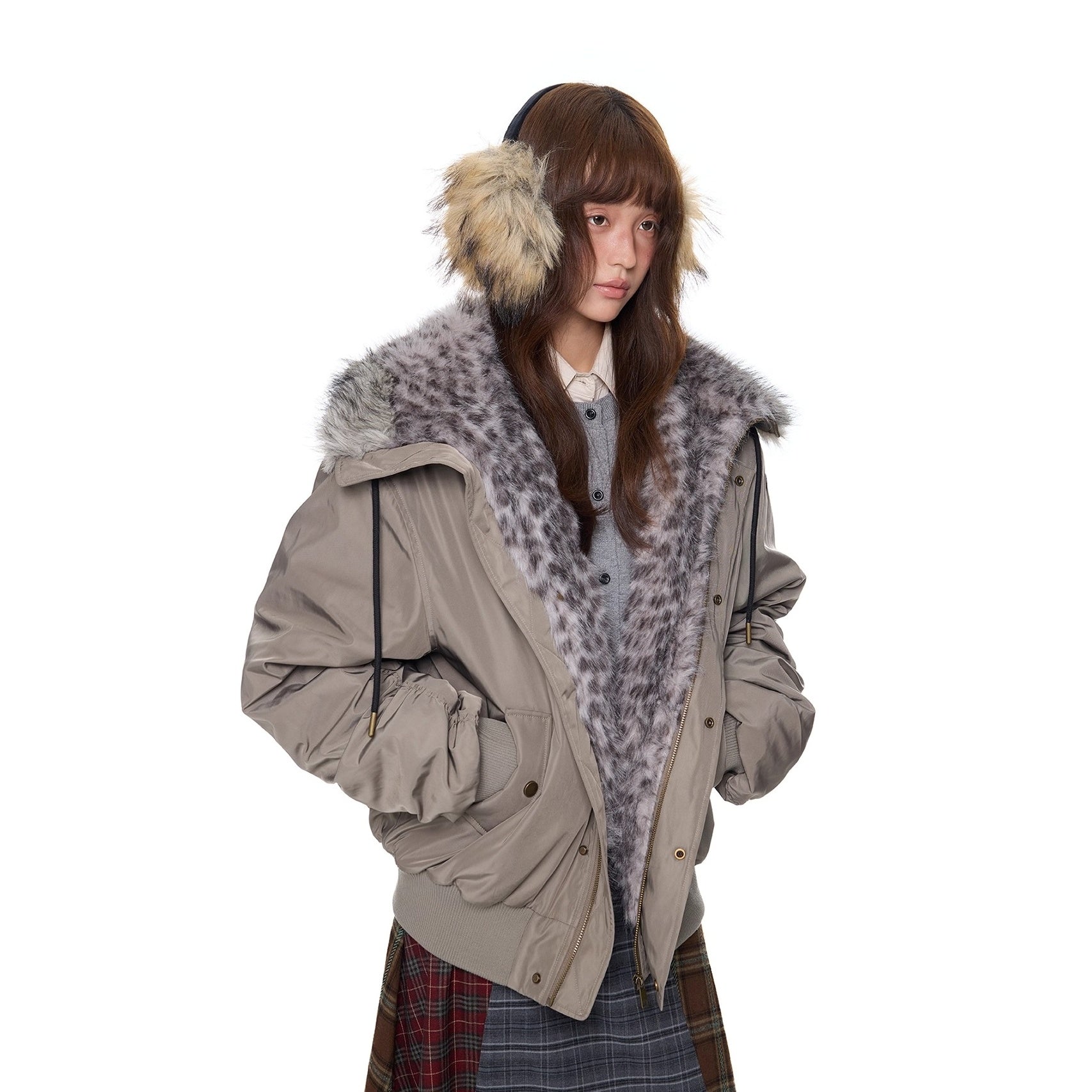 Leopard Liner Fur Short Hooded Jacket EZ273