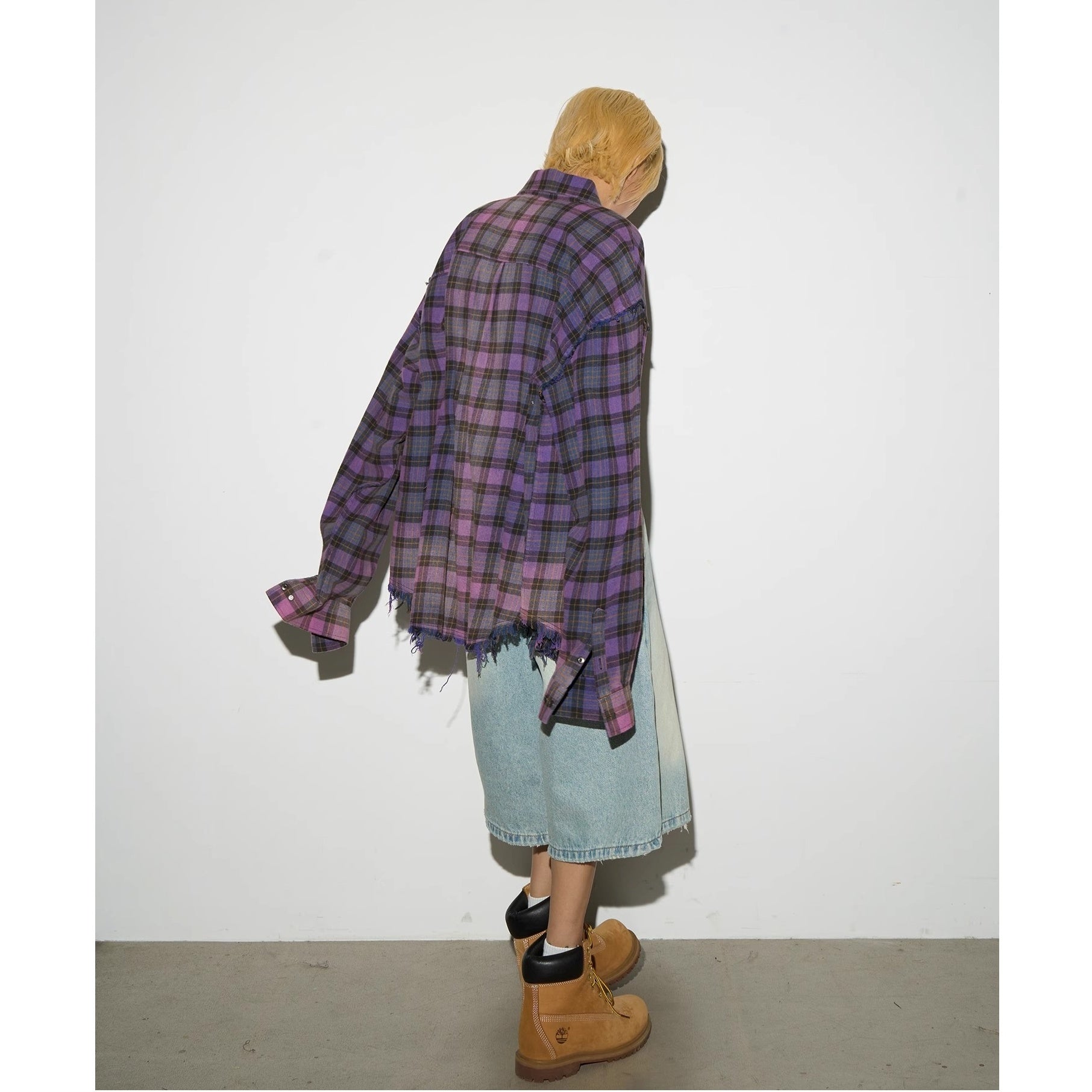Washed Distressed Plaid Long-sleeved Shirt MN9035