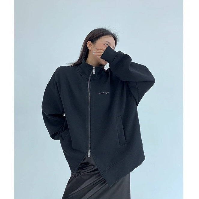 Double Zipper Stand Collar Loose Jacket OS2041