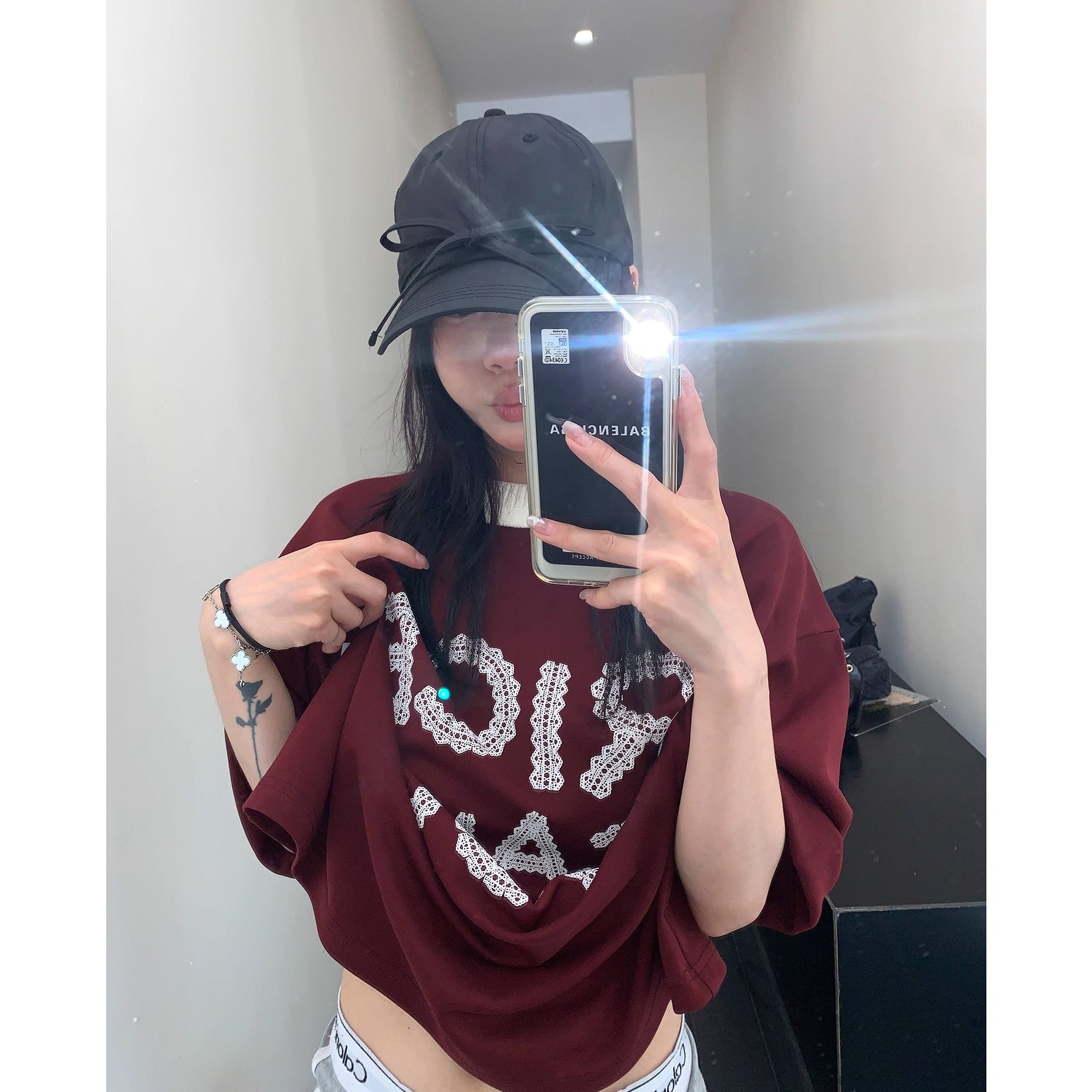 Lace Letter Loose Ringer T-shirt OS2001