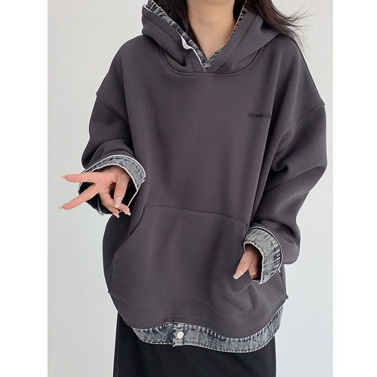 Contrasting Splicing Denim Hooded Sweat OS2056