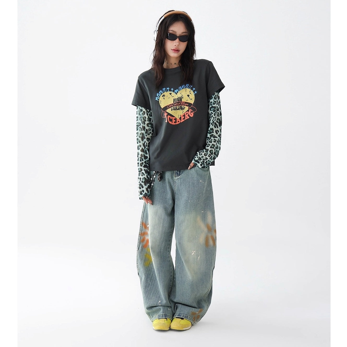 Leopard Print Stitched Fake Layered Long Sleeve T-Shirt AC7140