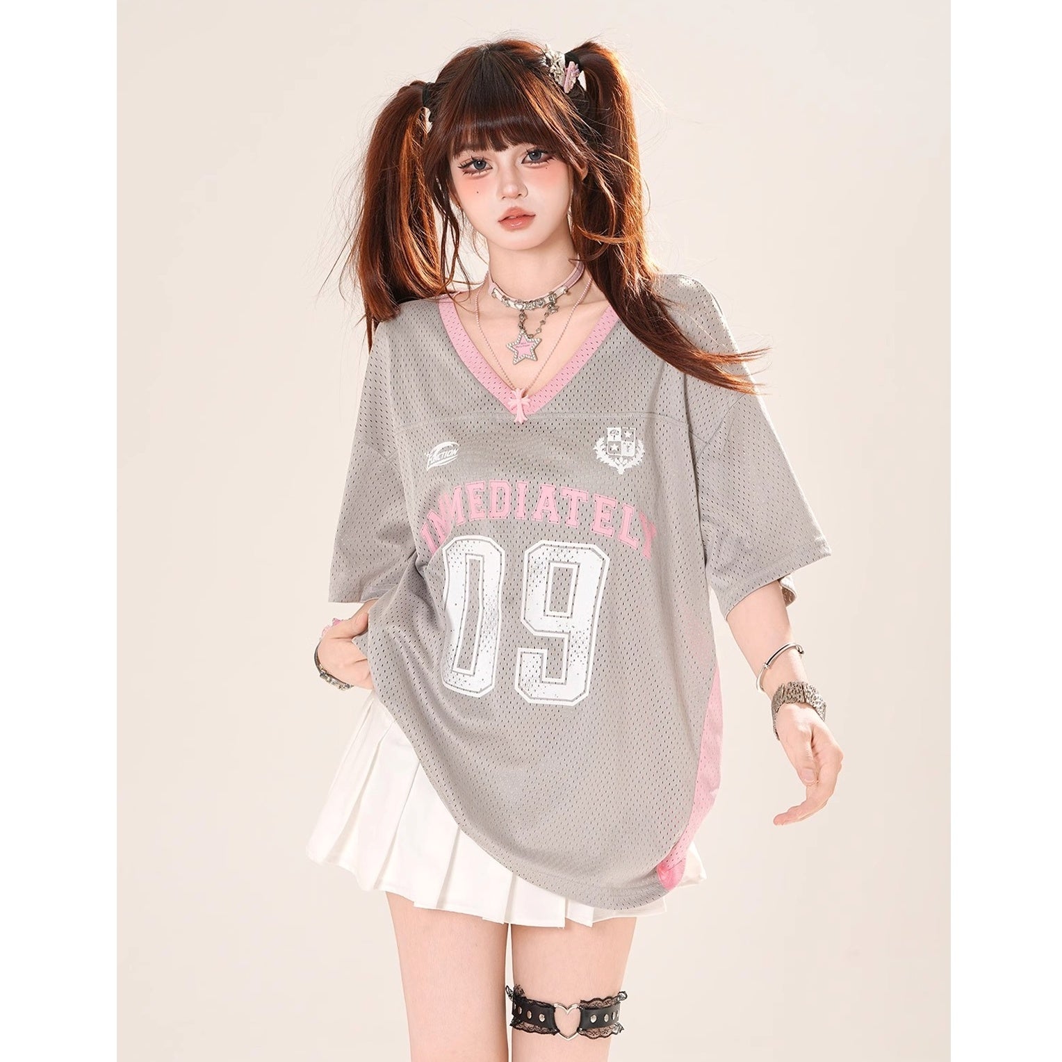 Drop-shoulder V-Neck Mesh T-Shirt KK2070