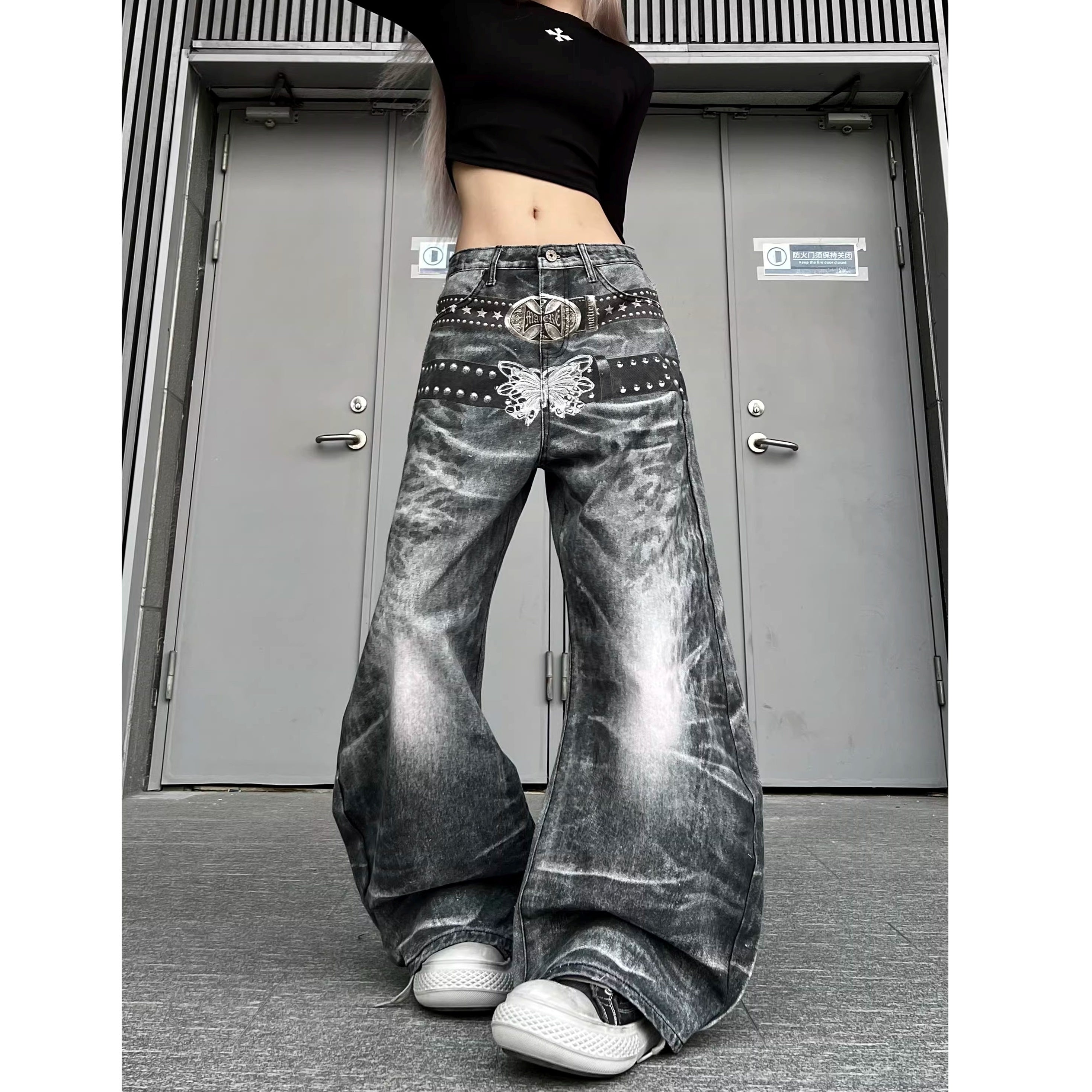 3D Belt Printed Wide Curve Jeans MW10380