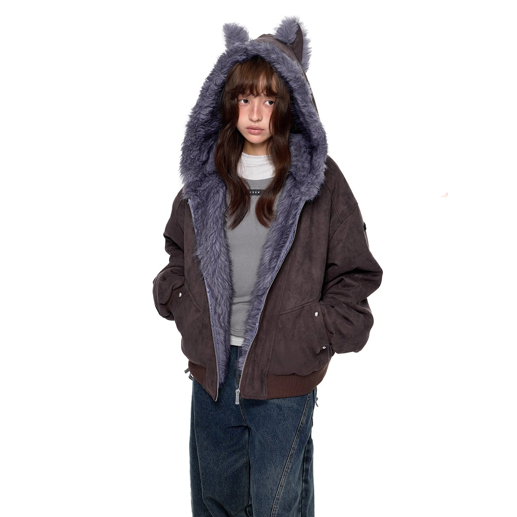 Cat Ear Fluffy Imitation Suede Hooded Jacket EZ250
